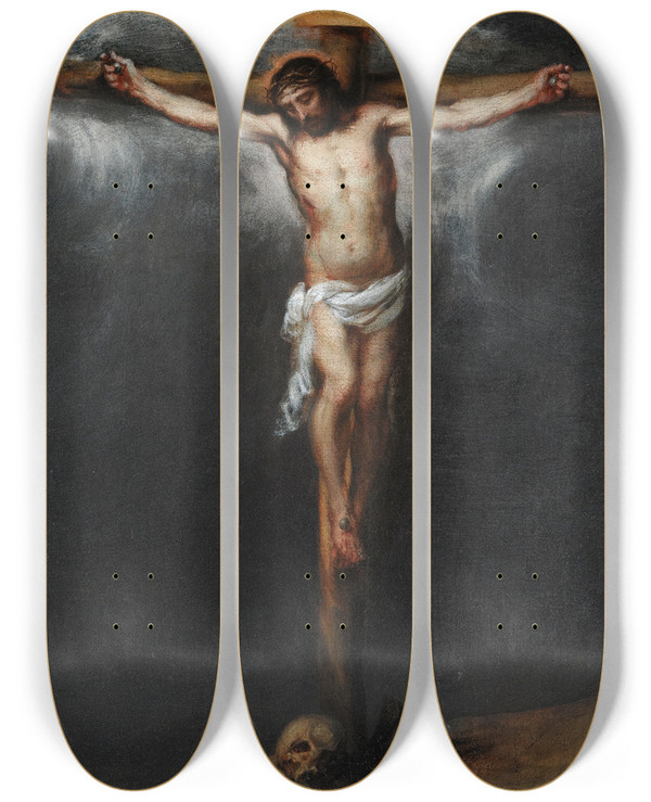 Triptych art skateboard deck of Bartolom Estebn Murillo The Crucifixion_2 by Bartolome Esteban Murillo (1617-1682)