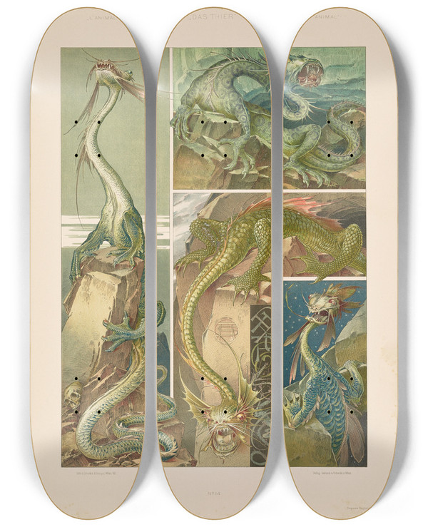 Triptych art skateboard deck of Anton Seder Das Thier In Der Decorativen Kunst Pl15 by Anton Seder (1850-1916)