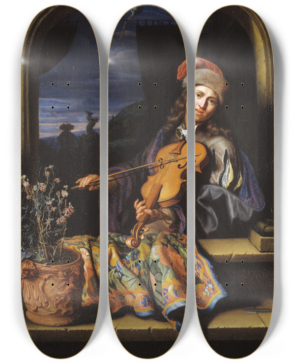 Triptych art skateboard deck of Caspar Netscher A Violin Player by Caspar Netscher (1639-1684)