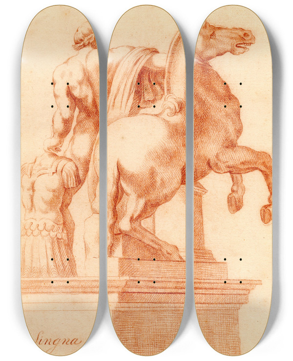 Triptych art skateboard deck of Cornelis Pronk Beeld Van Een Der Dioscuri Met Een Paard_1 by Cornelis Pronk (1691-1759)