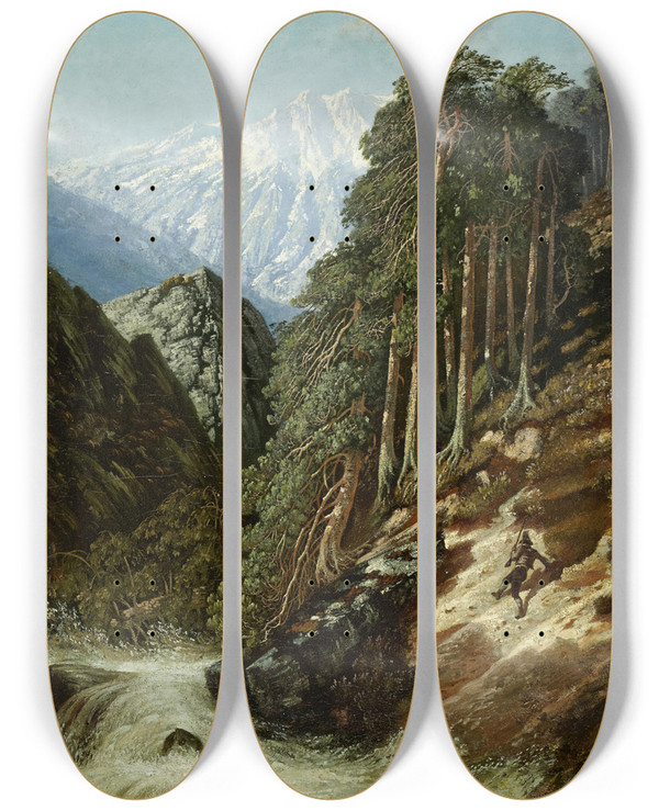 Triptych art skateboard deck of Gustave Dor Alpine Landschaft Mit Wildbach by Gustave Dore (1832-1883)