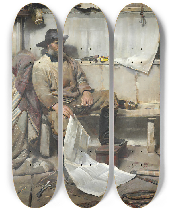 Triptych art skateboard deck of Frank Richards The Fisherman by Frank Richards (1863-1935)