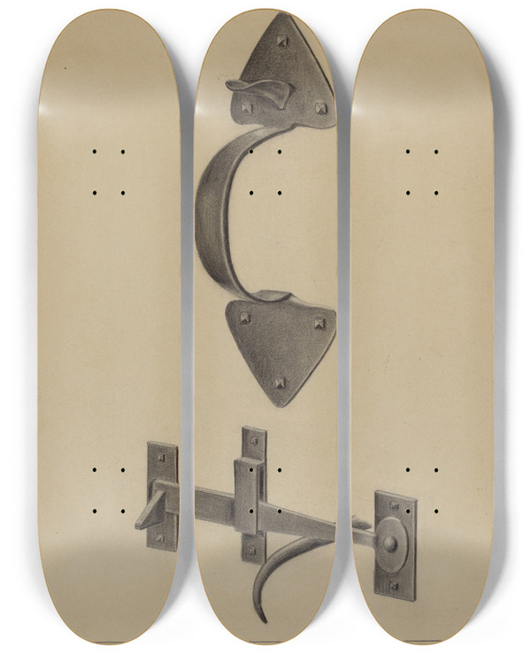 Triptych art skateboard deck of Jack Staloff Door Handle And Thumb by Jack Staloff