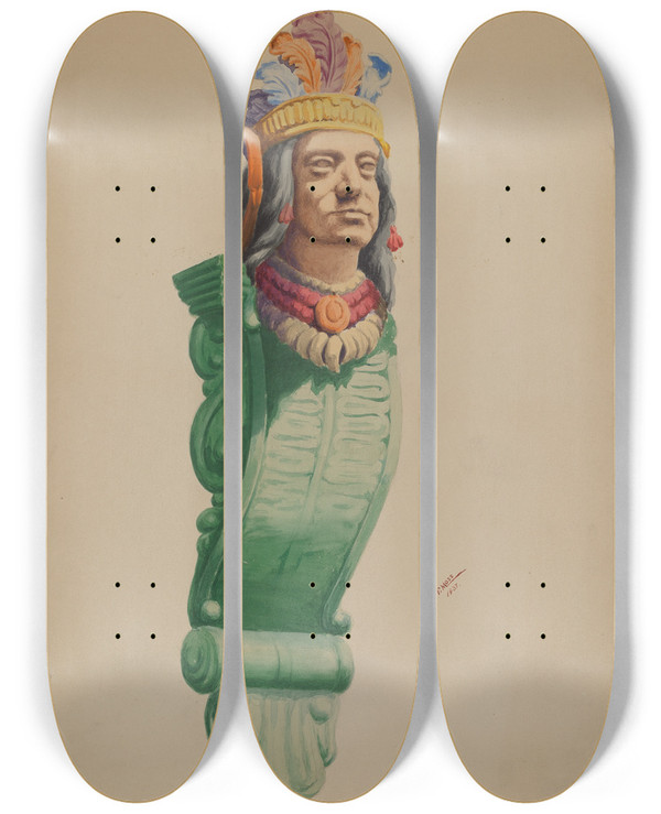 Triptych art skateboard deck of Charles Moss Iron Indian Head by Charles Moss