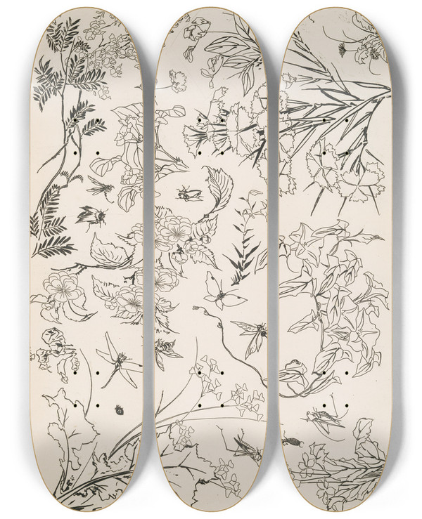 Triptych art skateboard deck of Flix Bracquemond Fleurs_2 by Felix Bracquemond (1833-1914)
