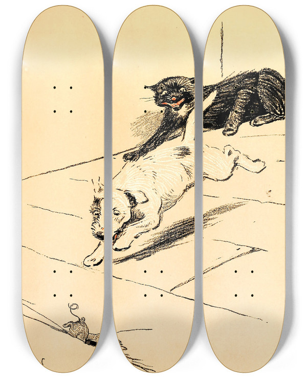 Triptych art skateboard deck of Cecil Charles Windsor Aldin A Dog Day Pl 23 by Cecil Charles Windsor Aldin (1870-1935)