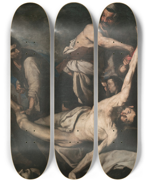 Triptych art skateboard deck of Jusepe De Ribera Martyrdom Of Saint Bartholomew by Jusepe de Ribera (1591-1652)