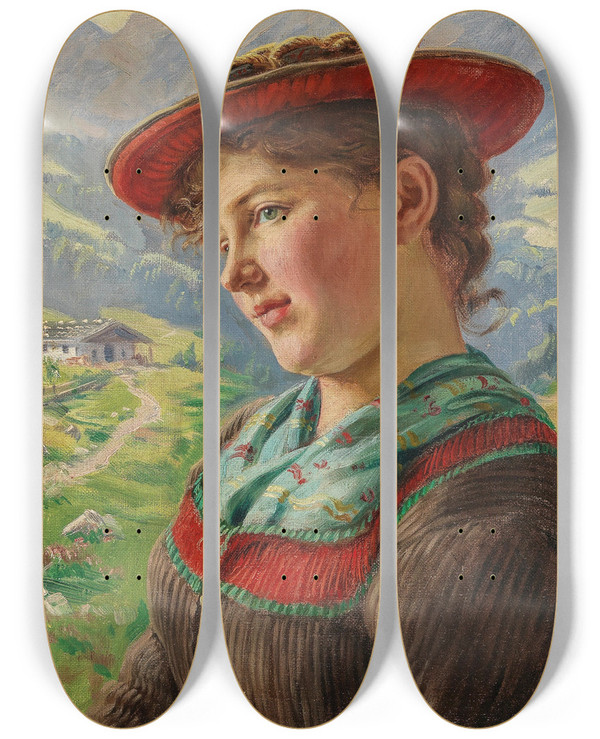 Triptych art skateboard deck of Emil Rau Girl In A Mountain Setting by Emil Rau (1858-1937)