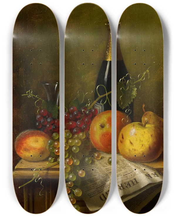 Triptych art skateboard deck of William Michael Harnett Still Life With Fruit Champagne Bottle And Newspaper by William Michael Harnett (1848-1892)