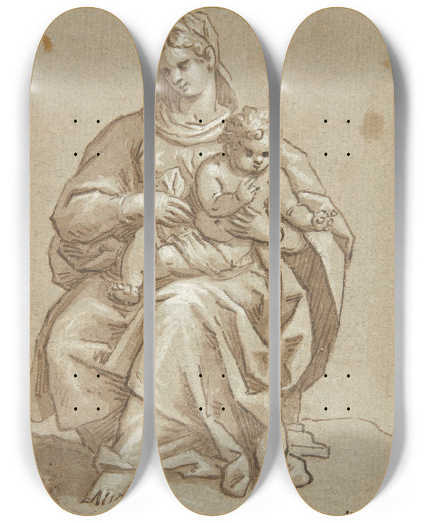 Triptych art skateboard deck of Andreas Bodan Ii Maria Med Barnet by Andreas Bodan Ii