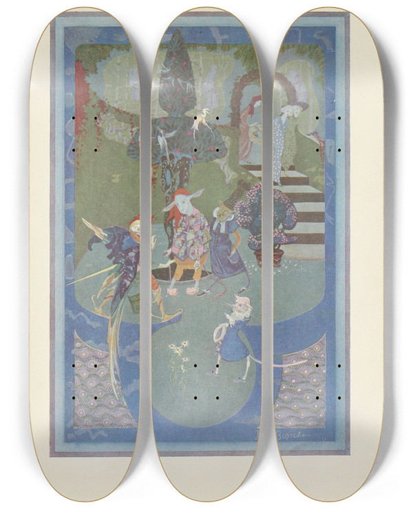 Triptych art skateboard deck of Jean De Bosschre What Else Can I Do I Asked Chanticleer by Jean de Bosschre (1878-1953)