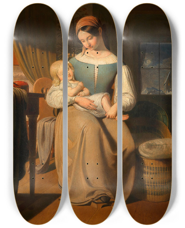 Triptych art skateboard deck of Erasmus Von Engert Mutter Und Kind Zu Weihnachten by Erasmus Von Engert (1796-1871)
