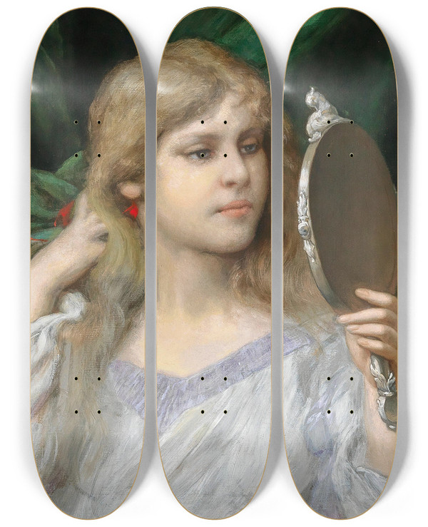 Triptych art skateboard deck of Gabriel Von Max The Mirror by Gabriel Von Max (1840-1915)