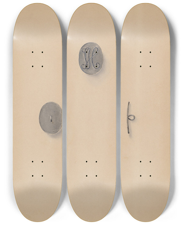 Triptych art skateboard deck of John H Tercuzzi Button by John H Tercuzzi