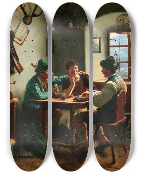 Triptych art skateboard deck of Emil Rau The Zither Player by Emil Rau (1858-1937)