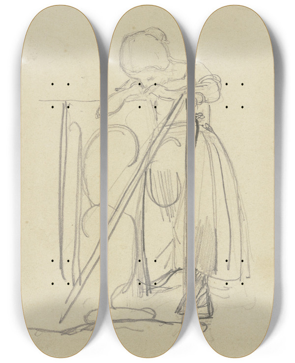 Triptych art skateboard deck of Philipp Rumpf Mdchen Am Treppengelnder by Philipp Rumpf (1821-1896)