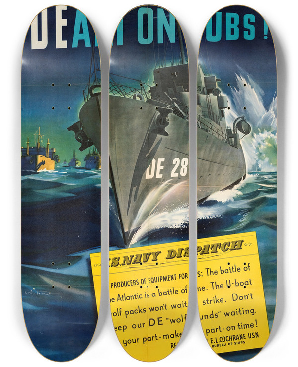 Triptych art skateboard deck of Jon Whitcomb Death On Subs by Jon Whitcomb (1906-1988)