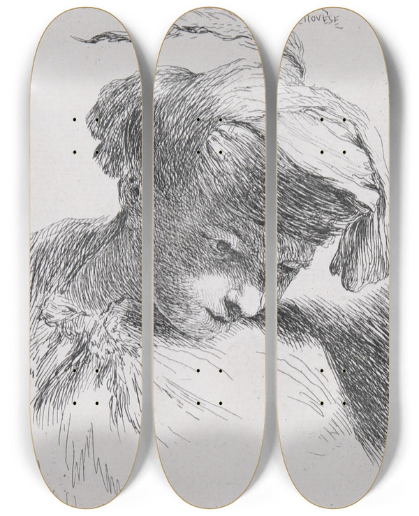 Triptych art skateboard deck of Giovanni Benedetto Castiglione Young Man Looking Down by Giovanni Benedetto Castiglione (1609-1664)