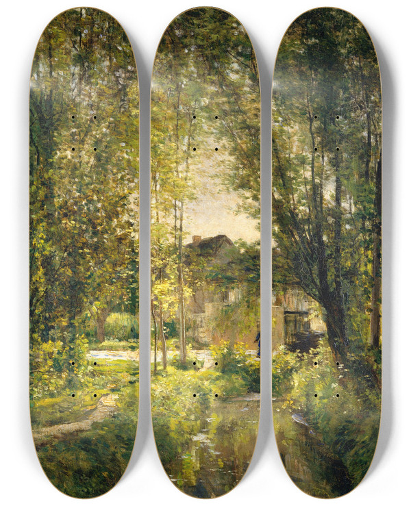 Triptych art skateboard deck of Charles Franois Daubigny Landscape With A Sunlit Stream by Charles Francois Daubigny (1817-1878)