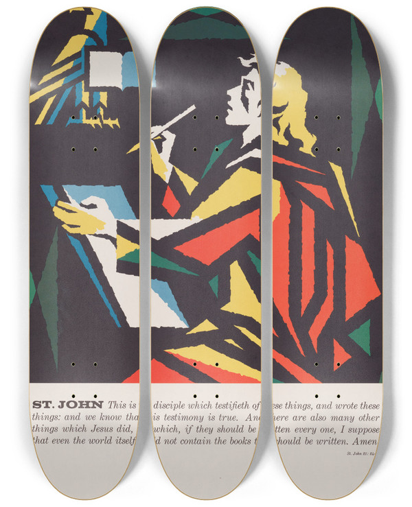 Triptych art skateboard deck of Joseph Binder St John by Joseph Binder (1898-1972)