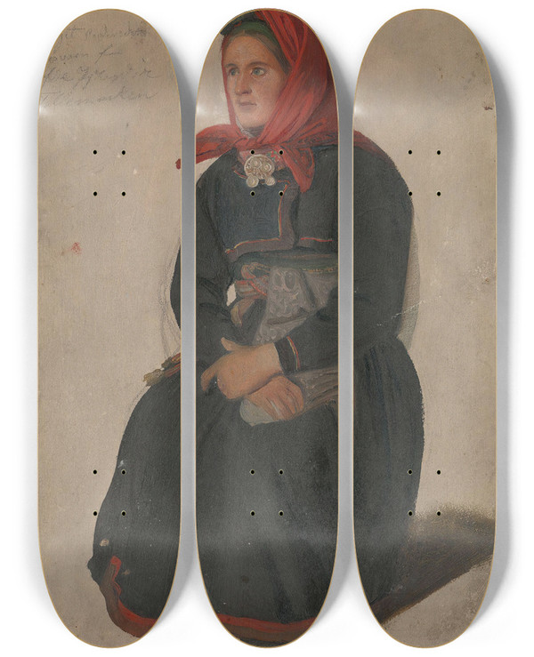 Triptych art skateboard deck of Adolph Tidemand Peasant Woman From Telemark by Adolph Tidemand (1814-1876)