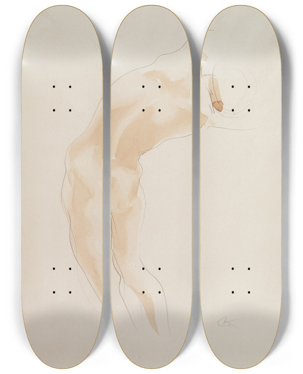 Triptych art skateboard deck of Georg Kolbe Nude Study by Georg Kolbe