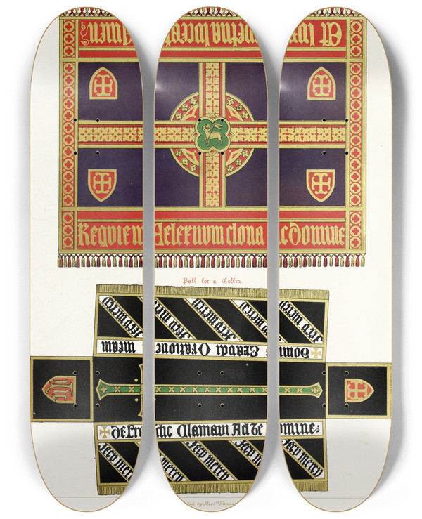 Triptych art skateboard deck of Augustus Pugin Funeral Palls For A Herse And A Coffin by Augustus Pugin (1812-1852)