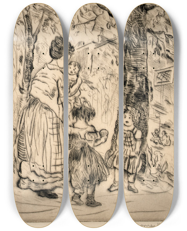 Triptych art skateboard deck of Jerome Myers Spring Springtime by Jerome Myers (1867-1940)