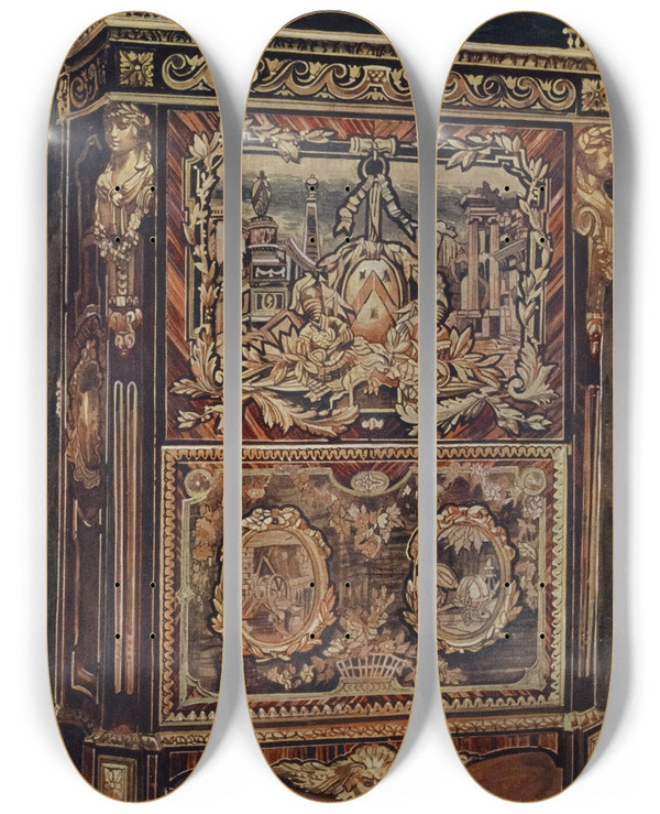 Triptych art skateboard deck of Edwin Foley Upright Secrtaire Inlaid In Various Woods With Cast Chased And Gilt Bronze Mounts by Edwin Foley (1859-1912)