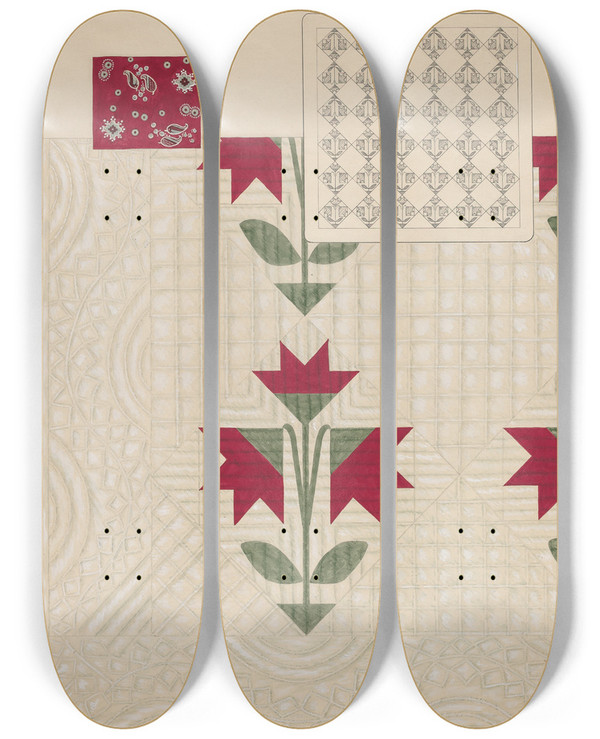 Triptych art skateboard deck of Dorothy Posten Quilt_2 by Dorothy Posten