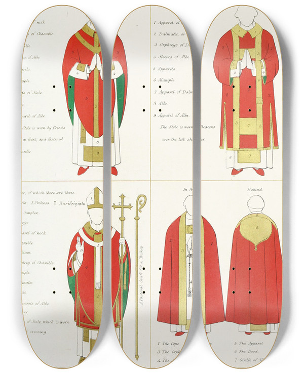 Triptych art skateboard deck of Augustus Pugin The Proper Names By Which The Various Vestments Are Distinguished by Augustus Pugin (1812-1852)