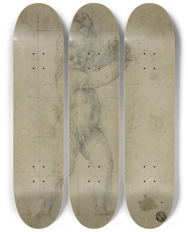 Triptych art skateboard deck of Cristoforo Roncalli Putto With Raised Arms by Cristoforo Roncalli (1552-1626)
