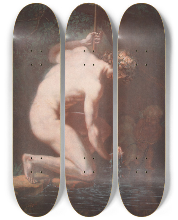 Triptych art skateboard deck of Jacques Christophe Le Blon Narcissus by Jacob Christoph Le Blon