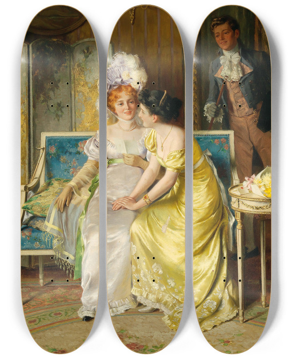 Triptych art skateboard deck of Max Volkhart The Love Message by Max Volkhart (1848-1935)