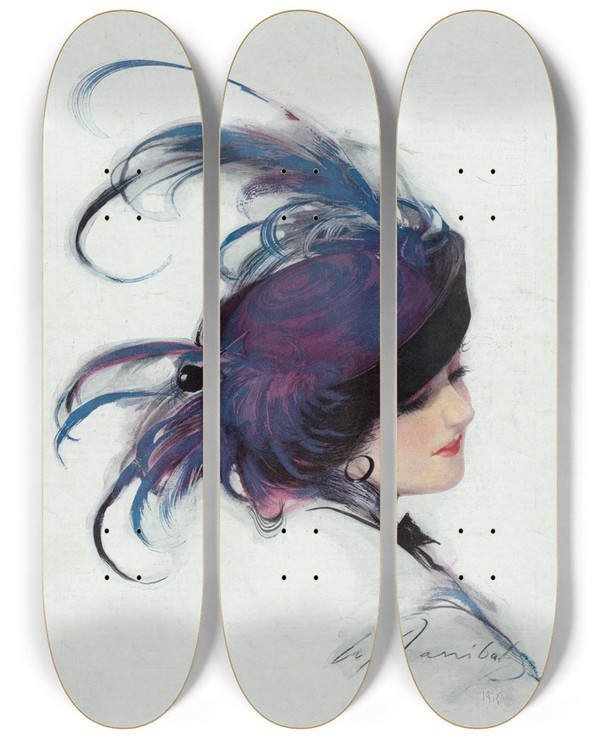 Triptych art skateboard deck of William Barribal Bluebird Lady Though You Be With Your Hat Perched Carelesswise by William Barribal (1874-1952)