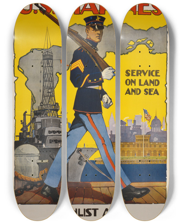 Triptych art skateboard deck of Sidney Riesenberg Us Marine Corps Service On Land And Sea by Sidney Riesenberg (1885-1971)