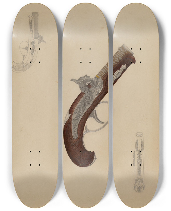 Triptych art skateboard deck of Richard Whitaker Dueling Pistol by Richard Whitaker