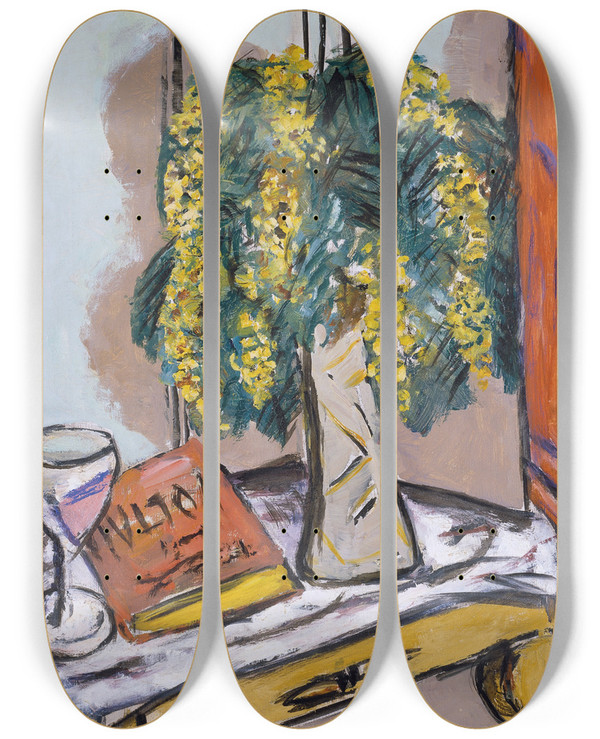 Triptych art skateboard deck of Max Beckmann Still Life With Mimosas by Max Beckmann (1884-1950)