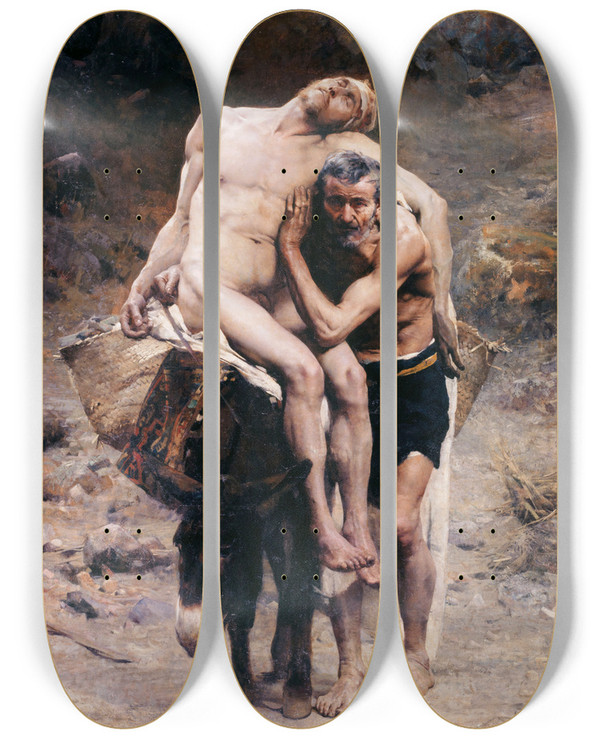 Triptych art skateboard deck of Aim Morot The Good Samaritan by Aime Morot (1850-1913)