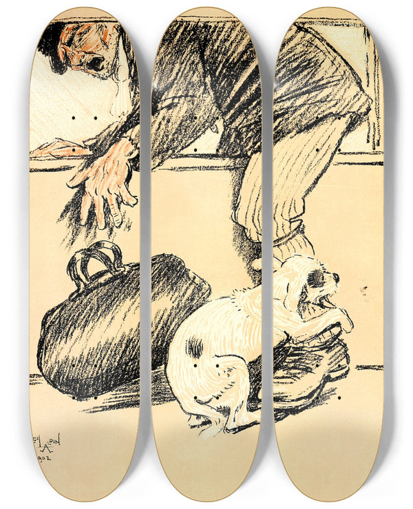 Triptych art skateboard deck of Cecil Charles Windsor Aldin A Dog Day Pl 01 by Cecil Charles Windsor Aldin (1870-1935)