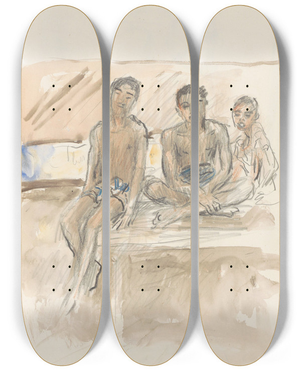 Triptych art skateboard deck of Marius Bauer Drie Jongens In Lendendoeken Zittend Op Een Muur by Marius Bauer (1867-1932)