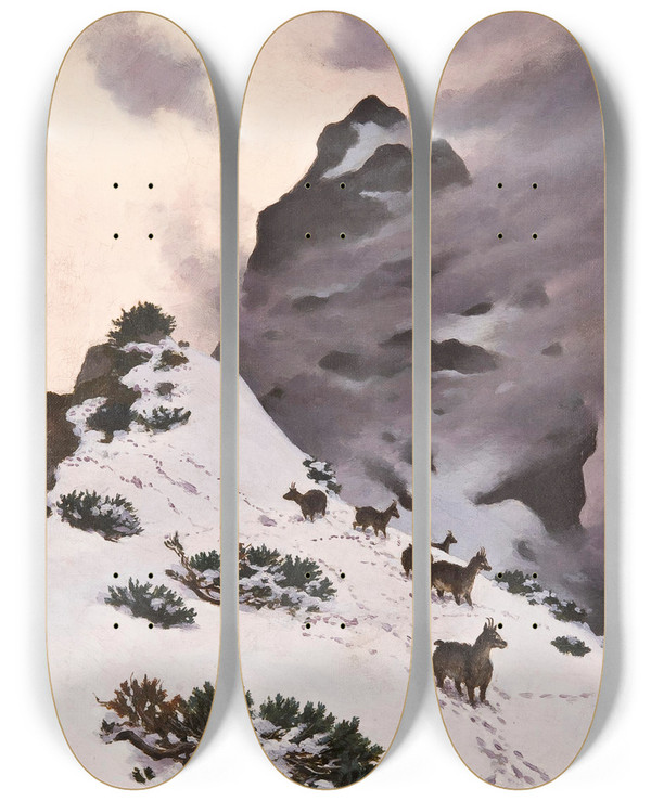 Triptych art skateboard deck of Stanisaw Witkiewicz Chamois In The Mountains by Stanislaw Witkiewicz (1851-1915)