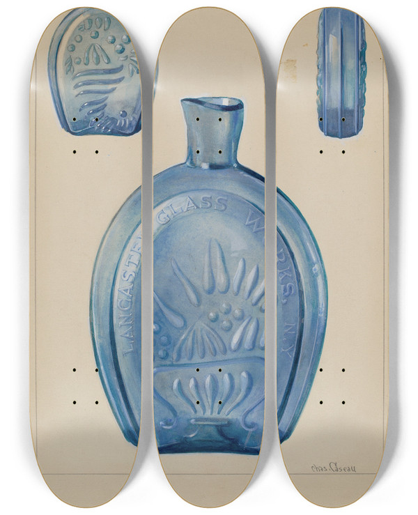 Triptych art skateboard deck of Charles Caseau Flask_13 by Charles Caseau (1880)