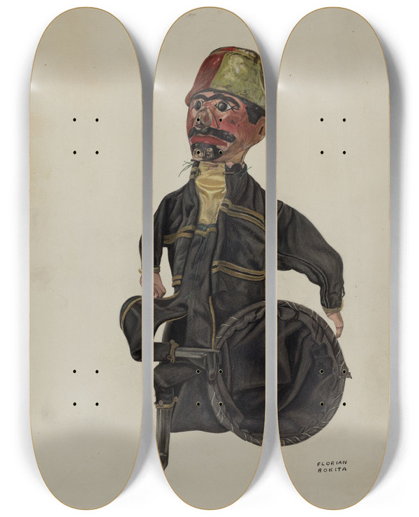 Triptych art skateboard deck of Florian Rokita Policeman Hand Puppet by Florian Rokita