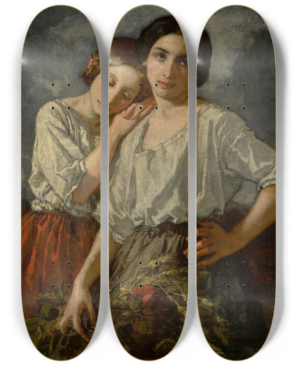 Triptych art skateboard deck of Thomas Couture Twosisters by Thomas Couture (1815-1879)
