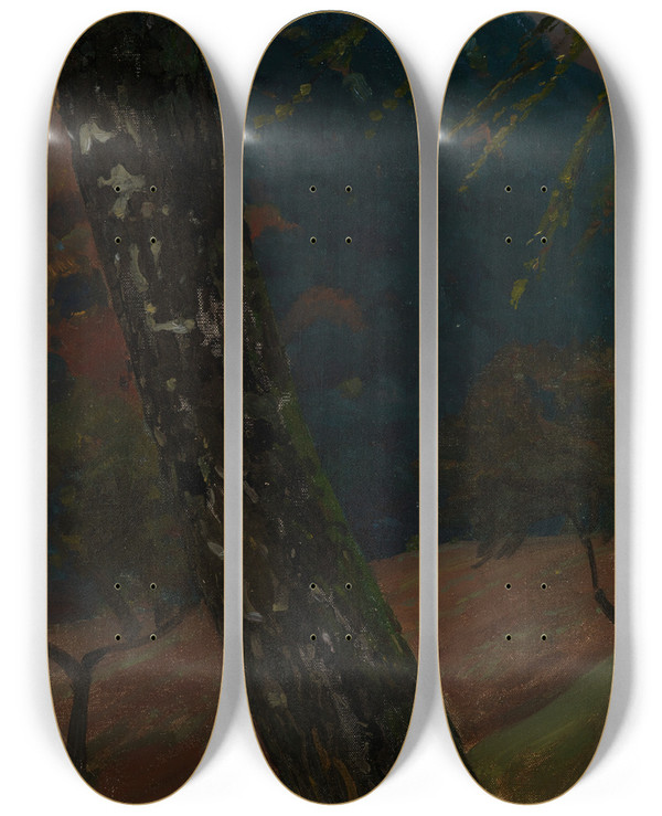 Triptych art skateboard deck of Gustav Kampmann Baumstamm Bei Obersteinbach by Gustav Kampmann (1859-1917)