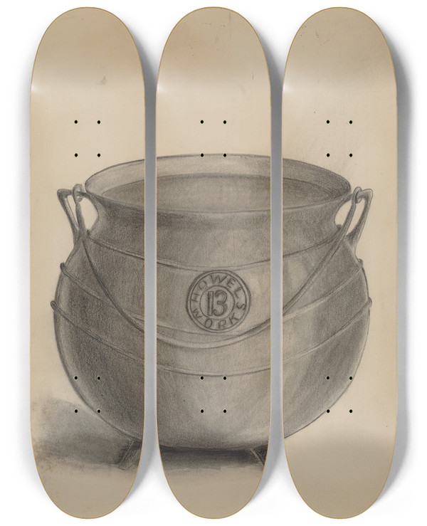 Triptych art skateboard deck of Columbus Simpson Iron Cooking Pot by Columbus Simpson