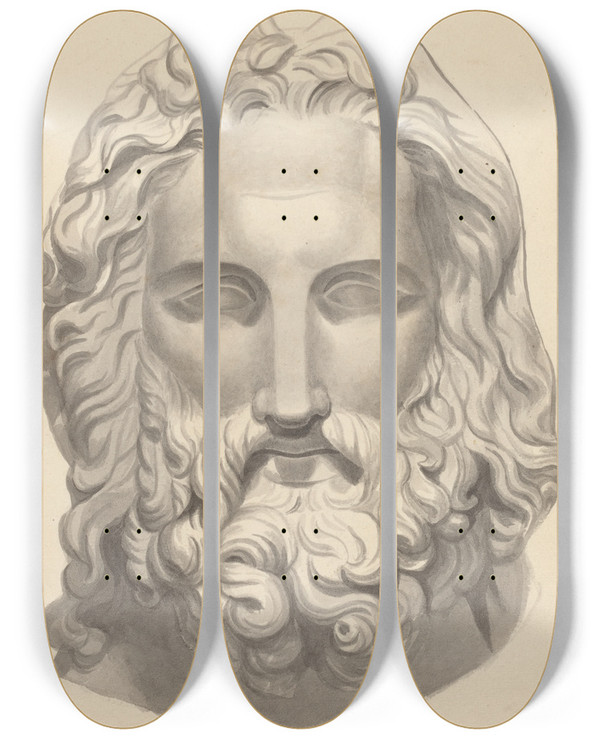 Triptych art skateboard deck of John Flaxman Antique Bearded Head by John Flaxman (1755-1826)