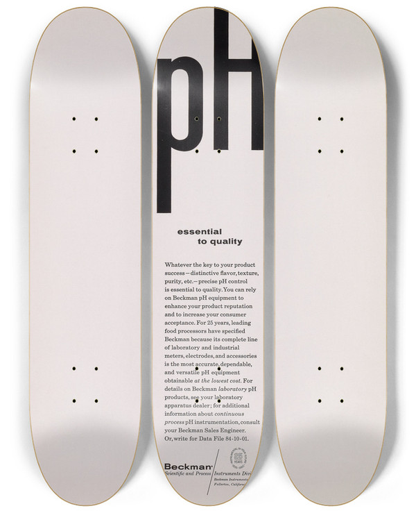 Triptych art skateboard deck of Beckman Instruments Ph Essential To Quality by Beckman Instruments (20-)