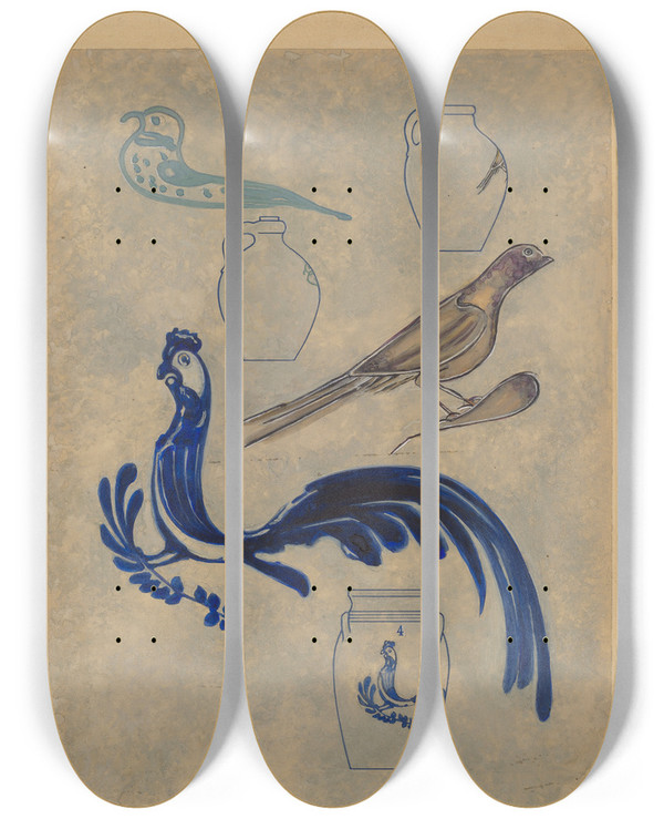 Triptych art skateboard deck of Charles Caseau Bird Decorations On Stoneware_2 by Charles Caseau (1880)